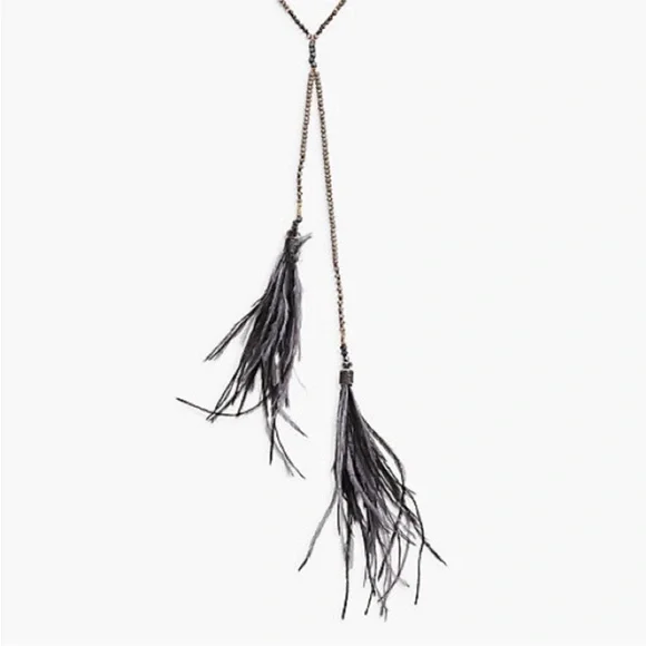 LUCKY BRAND Gray/Black Feather & Czech Crystal Lariat Necklace - Picture 3 of 7